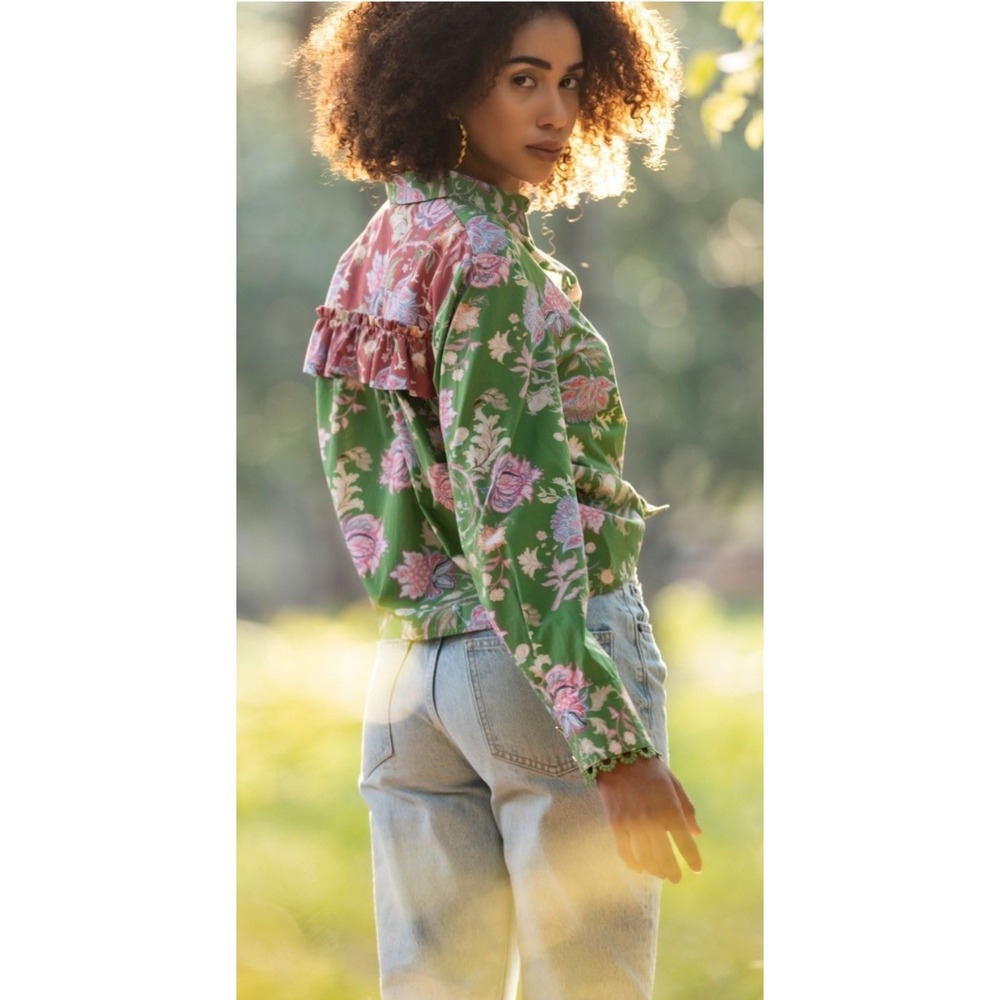 Emily Lovelock Floral Tanisha Blouse 100% Organic Cotton Button Up Top Boho XL